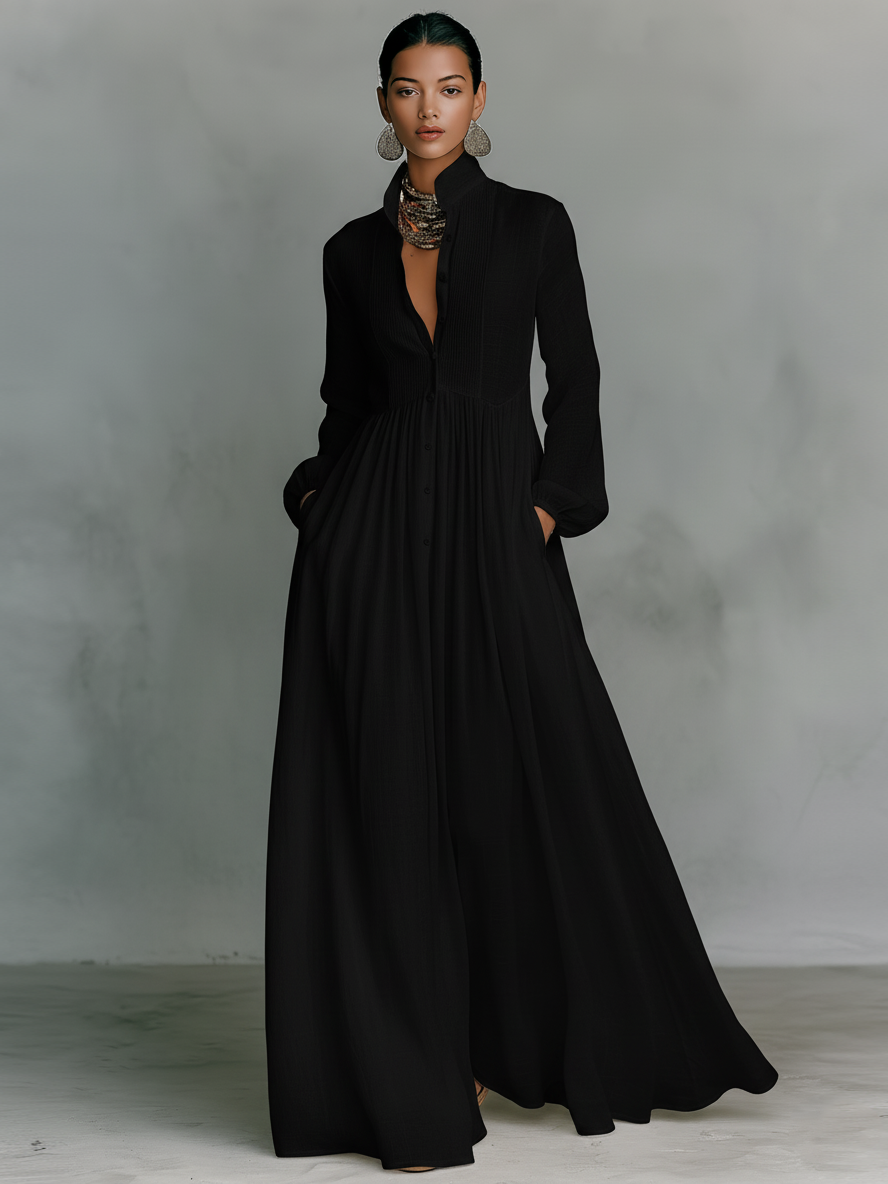 Comfortable women's pleated pintuck maxi dress with long sleeves. Button front, elegant for spring/autumn.