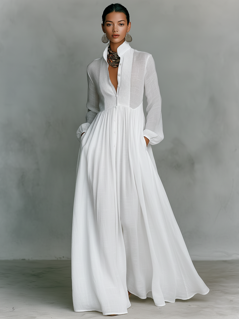 Women's comfortable long sleeve maxi dress. Pleated, pintuck design with button front. Elegant for spring/autumn.