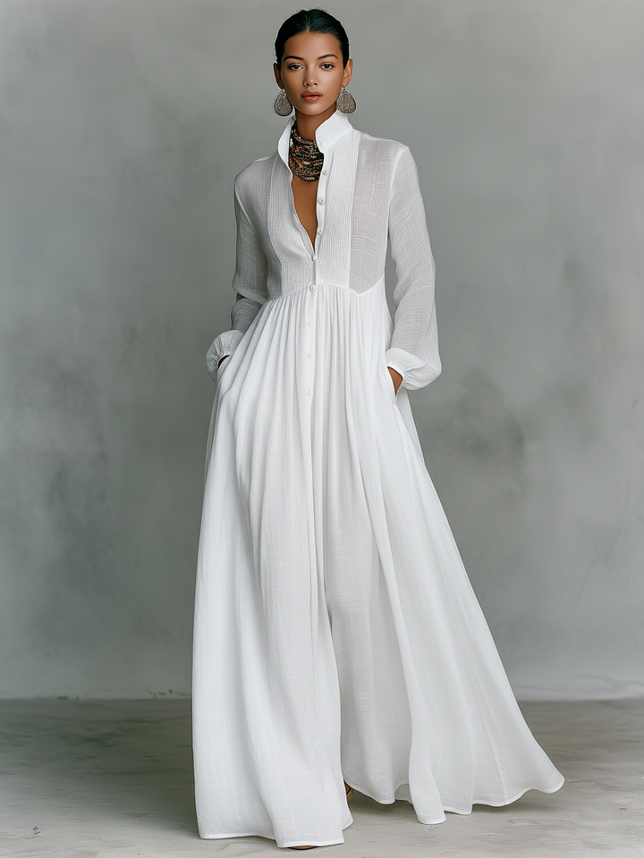 Women's comfortable long sleeve maxi dress. Pleated, pintuck design with button front. Elegant for spring/autumn.