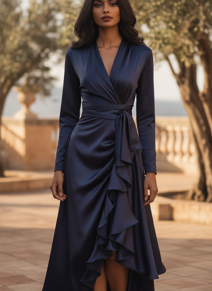 Women's pleated ruffle maxi dress for elegant evenings, long sleeve V-neck formal wear.