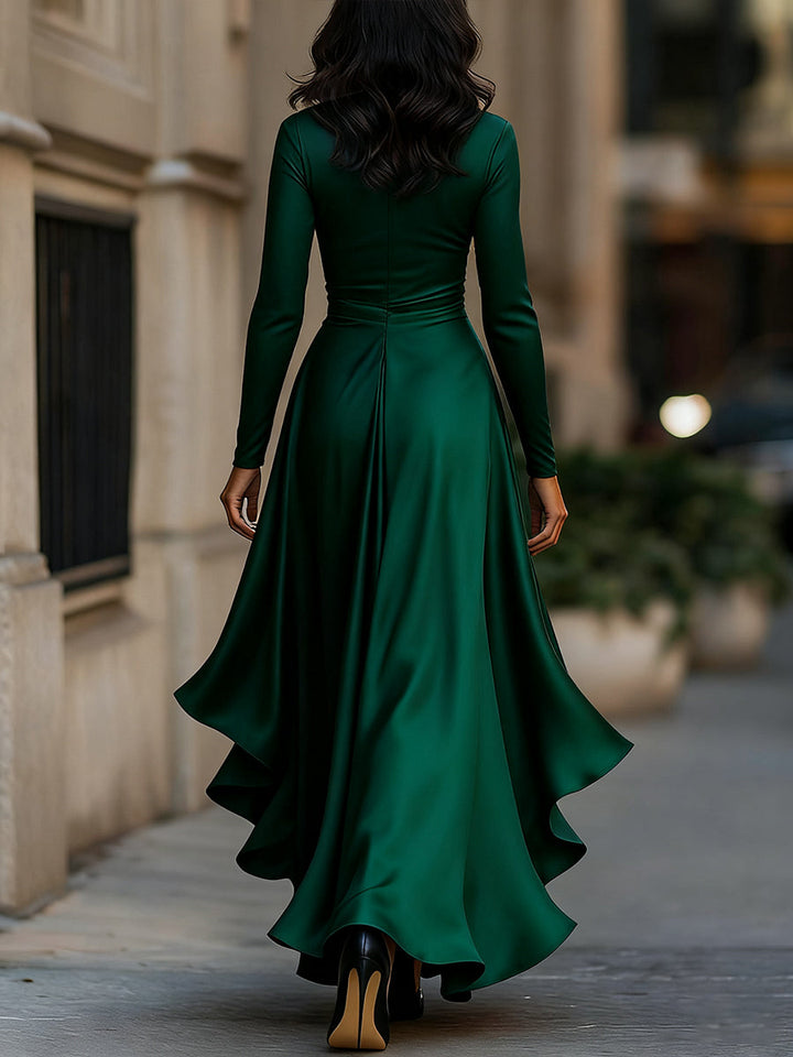 Women's elegant evening formal long sleeve pleated ruffle wrap maxi dress, special occasion outfit.