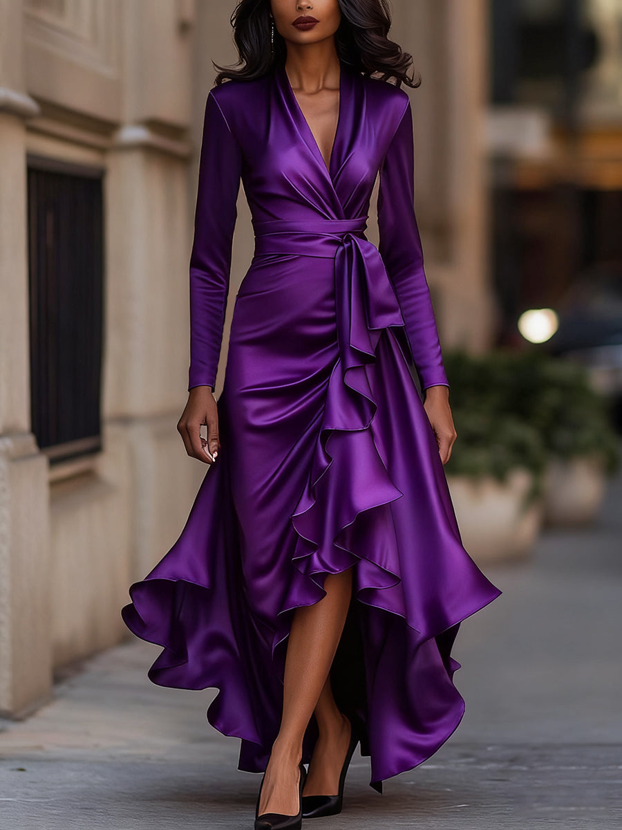 Flowy women's pleated ruffle long sleeve maxi dress with an elegant V-neck for evening wear events.
