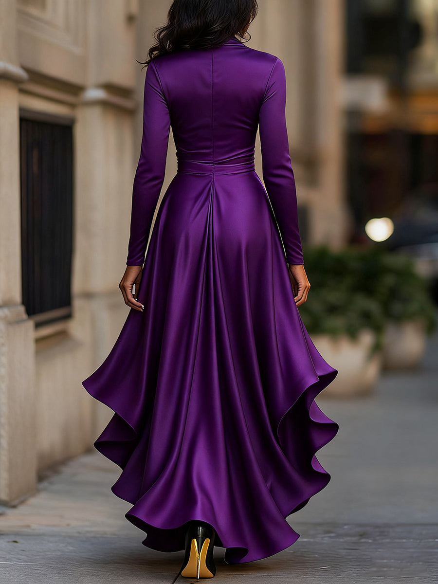 Elegant women's pleated ruffle maxi dress with long sleeves and a flattering V-neck for formal events.
