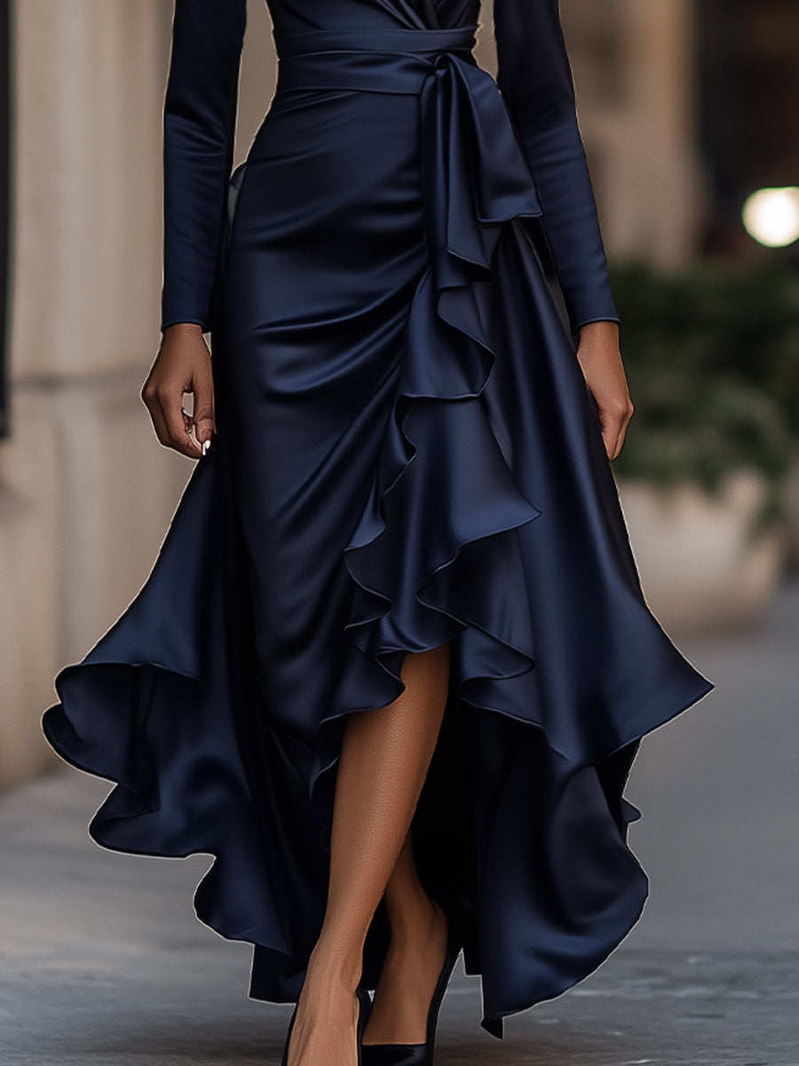 Women's V-neck wrap style maxi dress, pleated with delicate ruffles, perfect for evening wear.