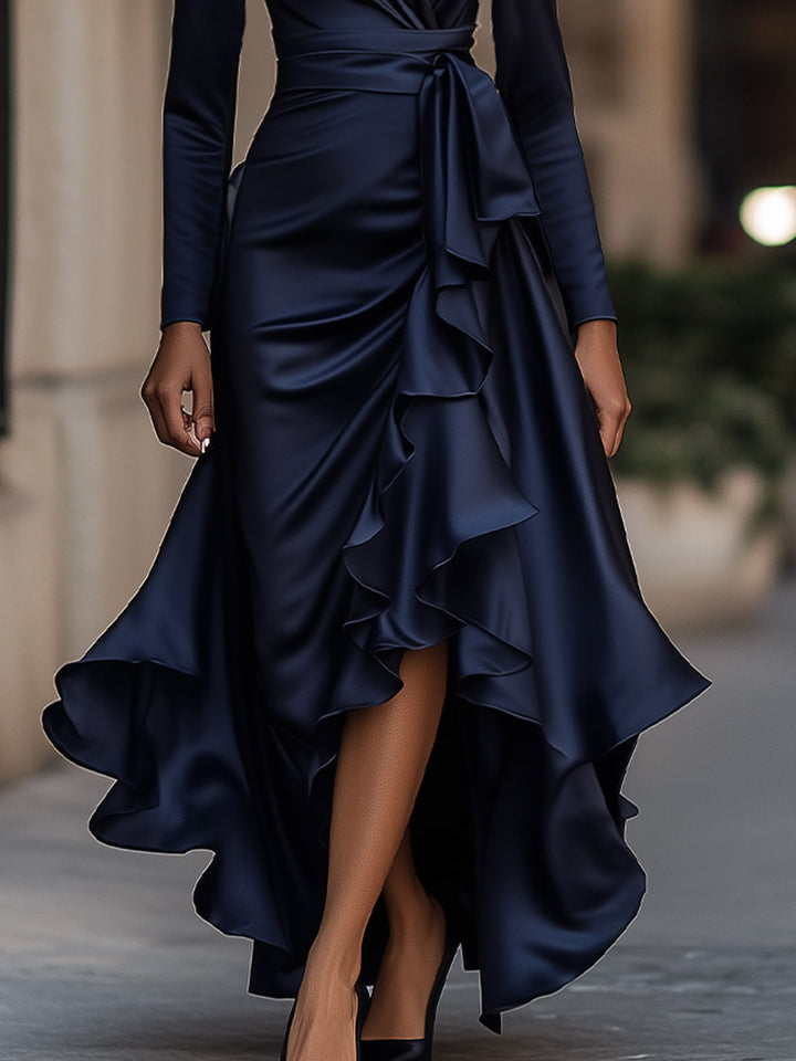 Women's V-neck wrap style maxi dress, pleated with delicate ruffles, perfect for evening wear.