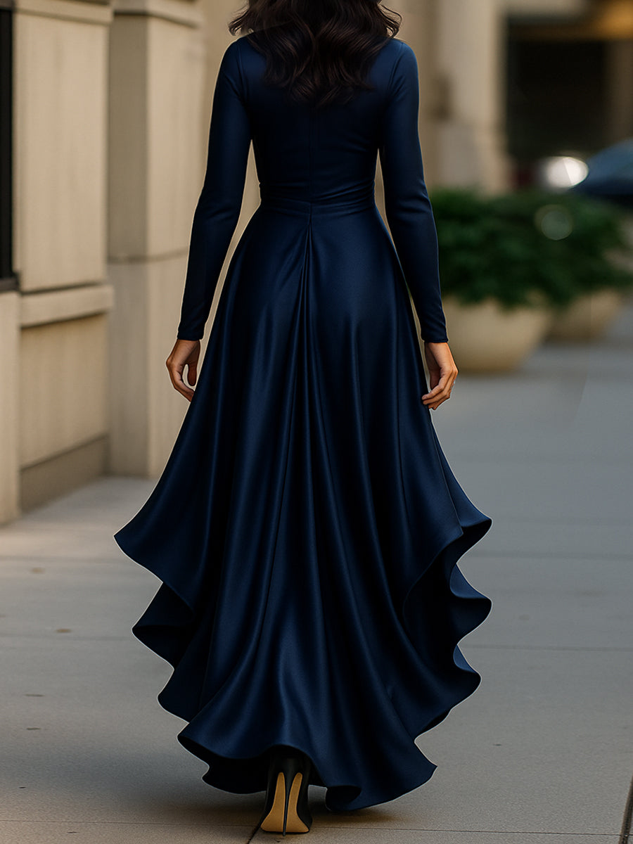 Chic women's long sleeve pleated ruffle maxi dress, ideal for special occasion and formal events.