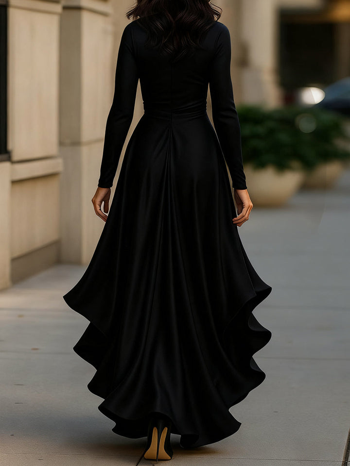 Sophisticated women's pleated ruffle long sleeve maxi dress, perfect for formal evening events.