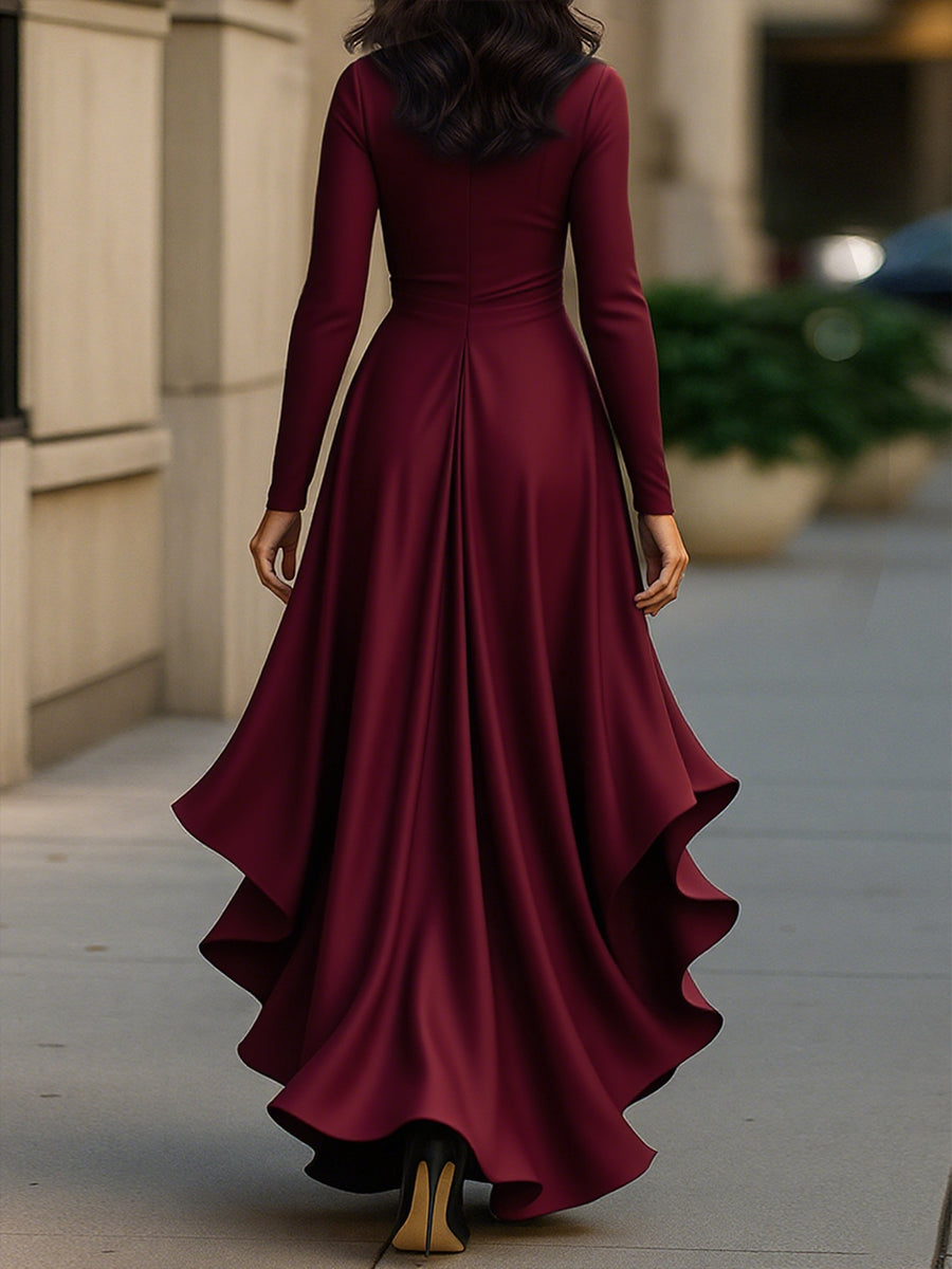 Women's full-length pleated maxi dress, long sleeve with ruffles & flattering V-neck, evening wear.