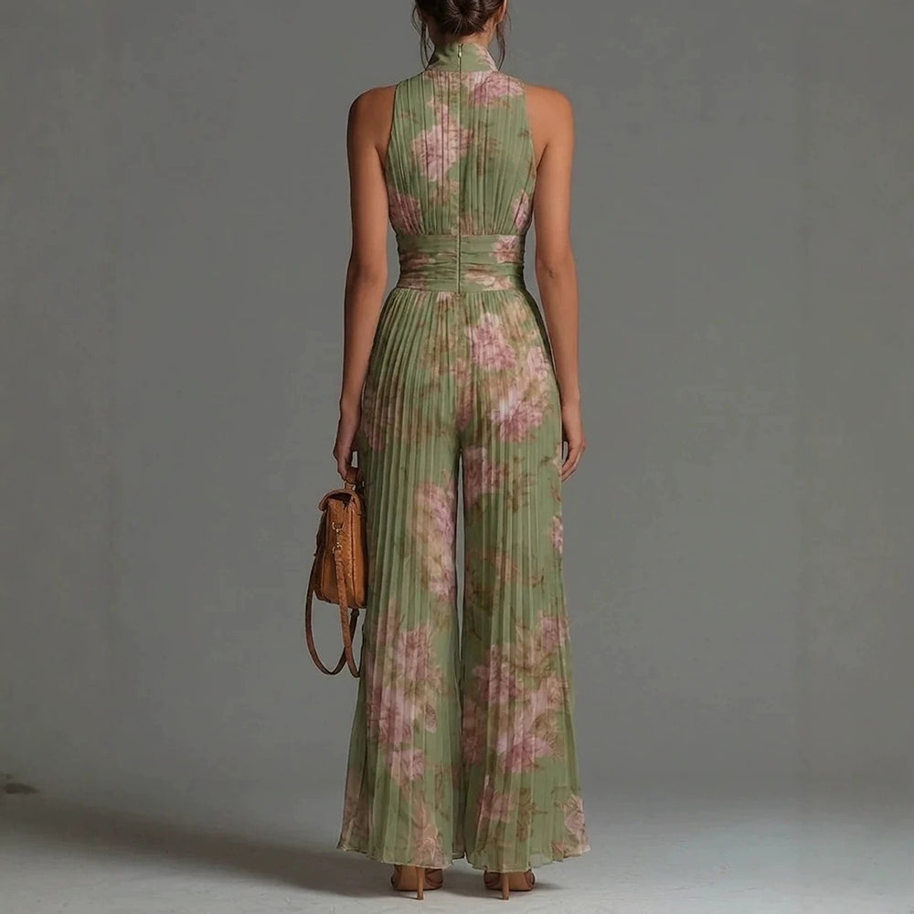 Elegant women's sleeveless mock neck wide leg jumpsuit with pleats, ideal for summer & autumn wear.