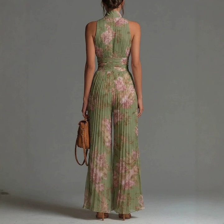 Elegant women's sleeveless mock neck wide leg jumpsuit with pleats, ideal for summer & autumn wear.