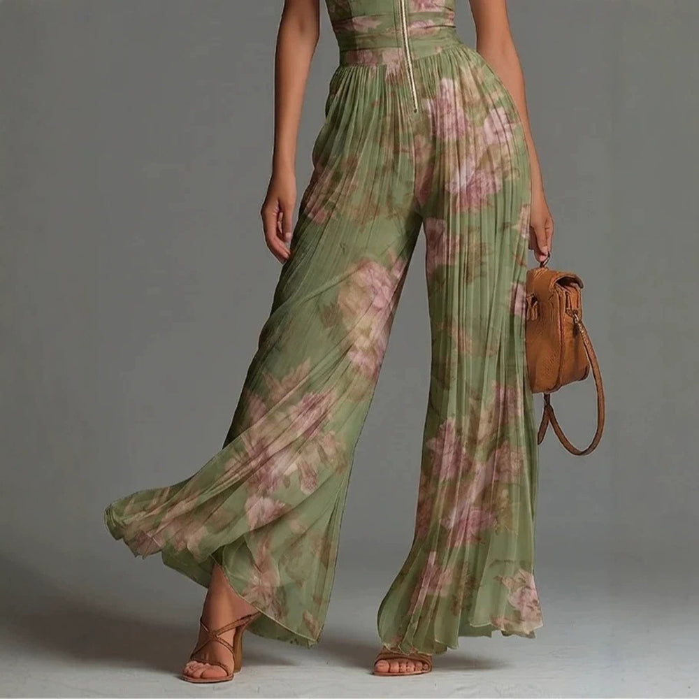 Stylish women's pleated wide leg jumpsuit, sleeveless mock neck design for a sleek & modern look.