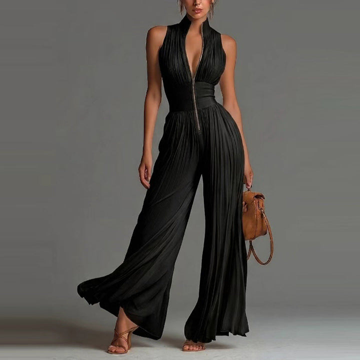 Chic women's wide leg jumpsuit featuring pleats, sleeveless mock neck, perfect for summer casual or dressy.