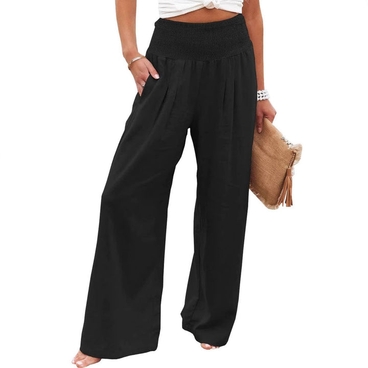 Essential summer women's trousers: wide leg, pleated linen blend, elastic waist.