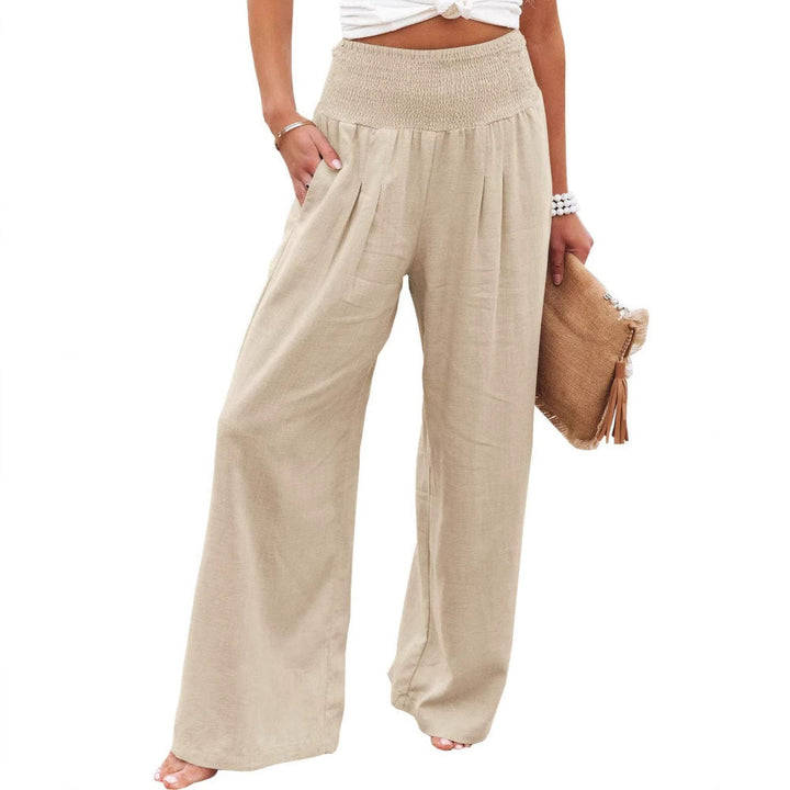 Women's comfortable linen blend trousers, wide leg and pleated for stylish wear.