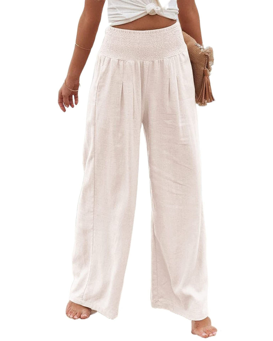 High waist women's linen trousers, wide leg with pleats and a comfy elastic band.