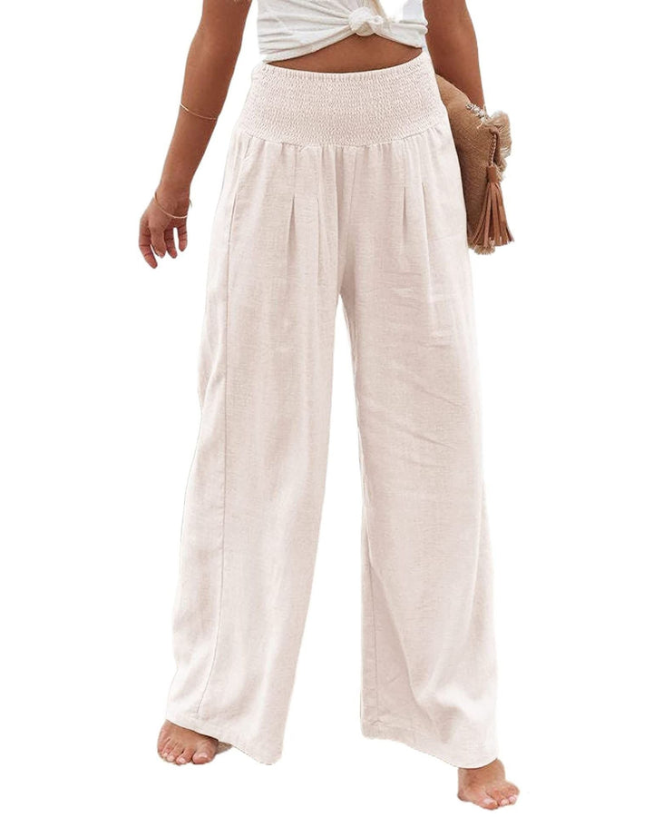 High waist women's linen trousers, wide leg with pleats and a comfy elastic band.