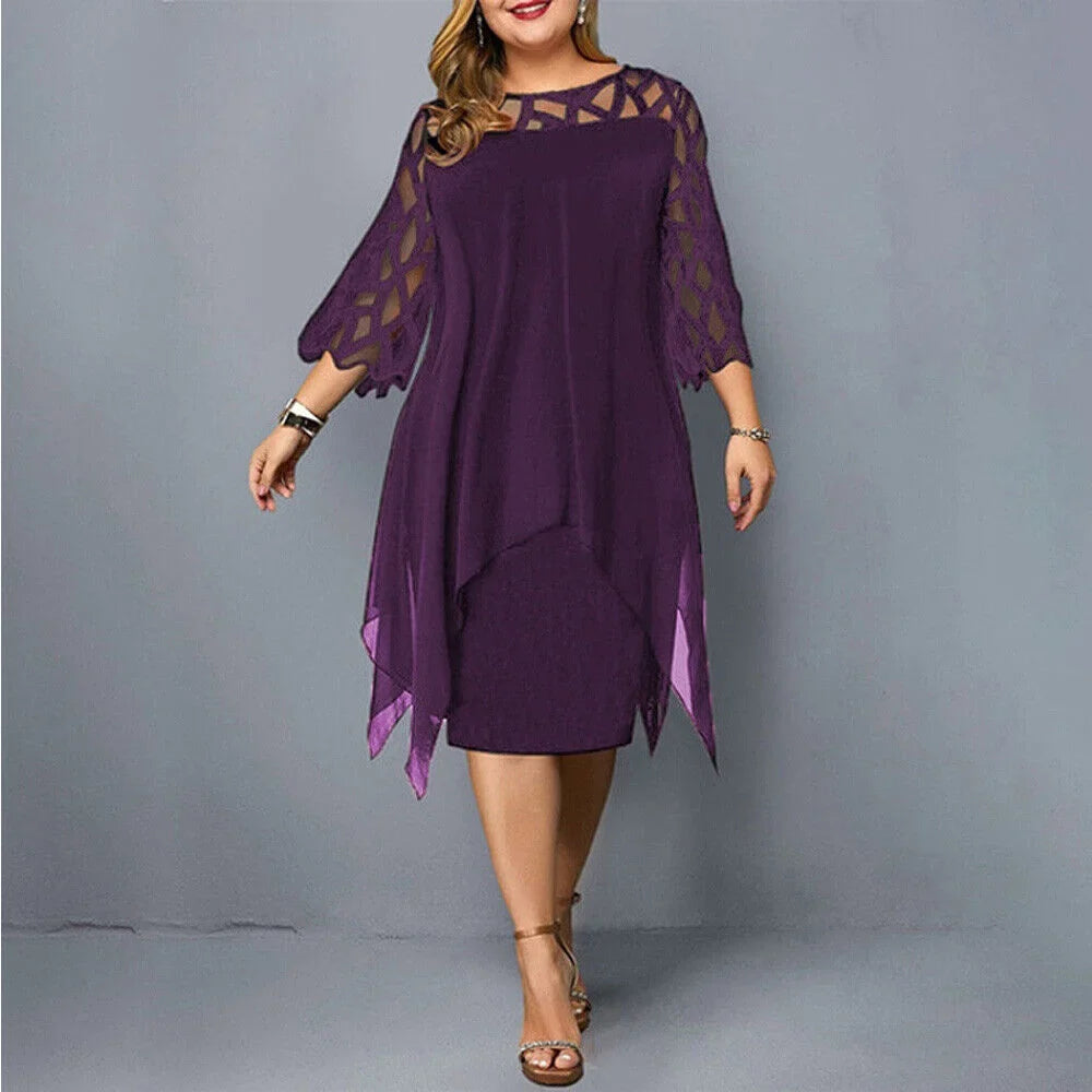 Women's plus size draped midi dress with elegant geometric cut-out sleeves, perfect for evening wear.
