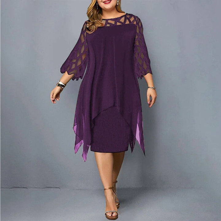 Women's plus size draped midi dress with elegant geometric cut-out sleeves, perfect for evening wear.