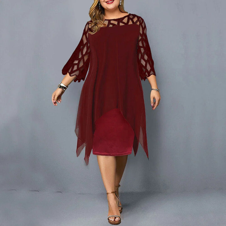 Elegant women's plus size midi dress with draped silhouette & unique geometric cut-out sleeves, ideal for evening.