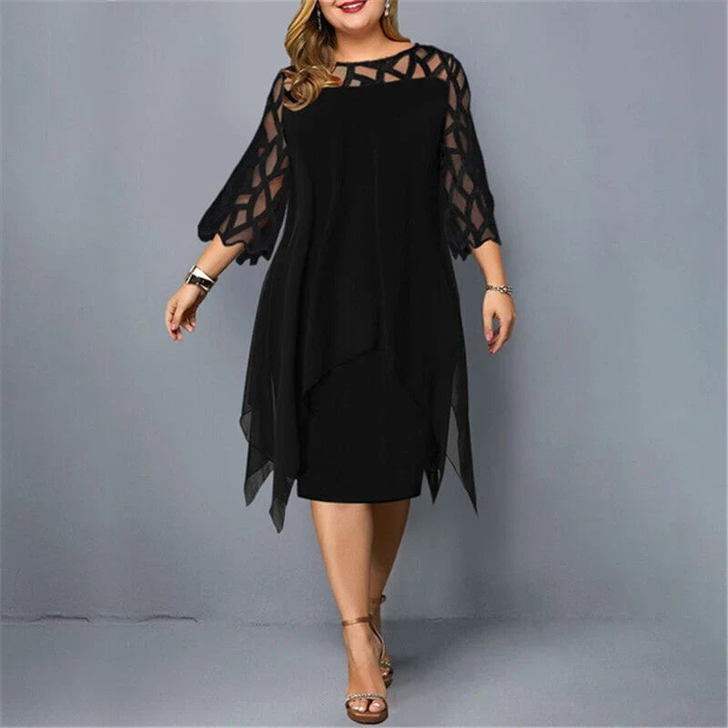Plus size midi dress for women, showcasing stunning geometric cut-out sleeves and a flattering draped fit.