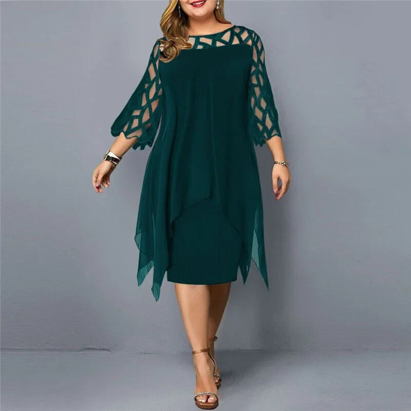 Versatile plus size midi dress with draped design & geometric cut-out sleeves, great for everyday or evening.