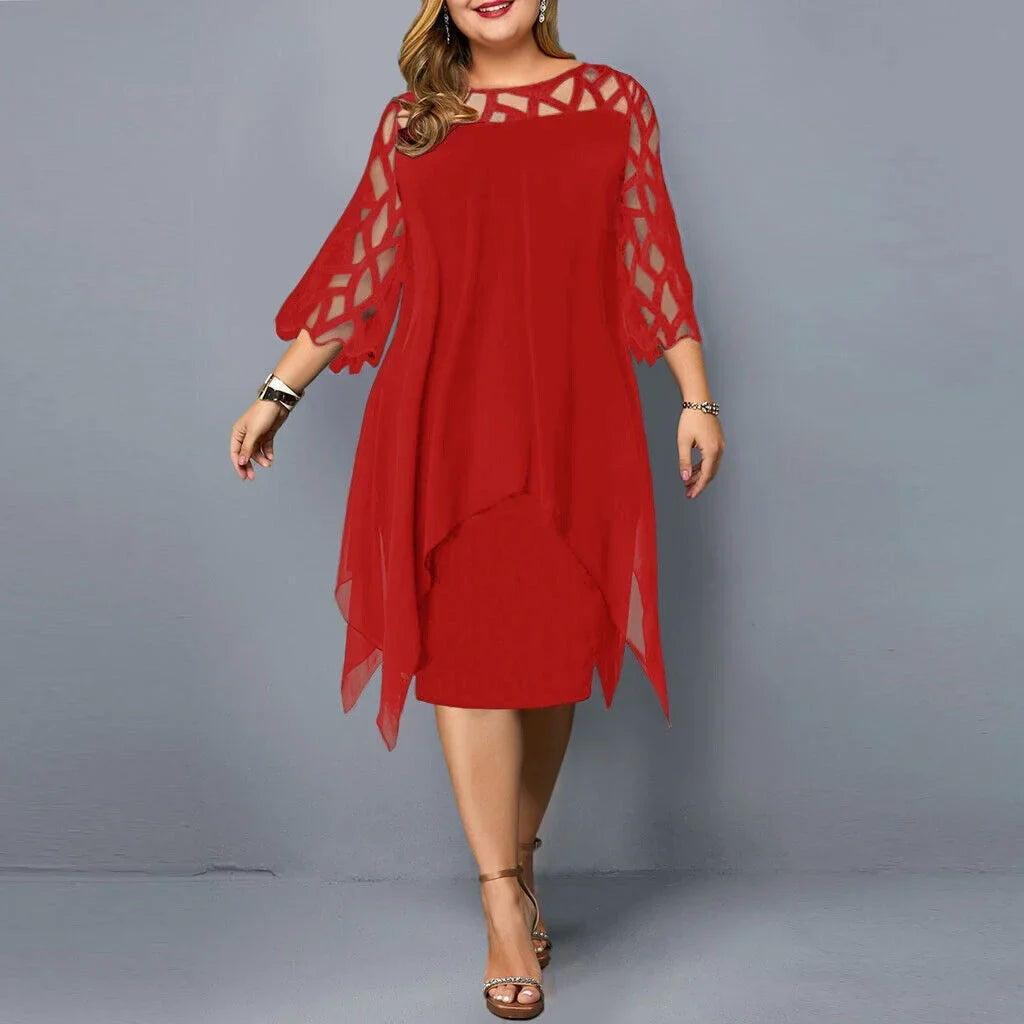 Flattering women's plus size draped midi dress with stylish geometric cut-out sleeves for a chic look.