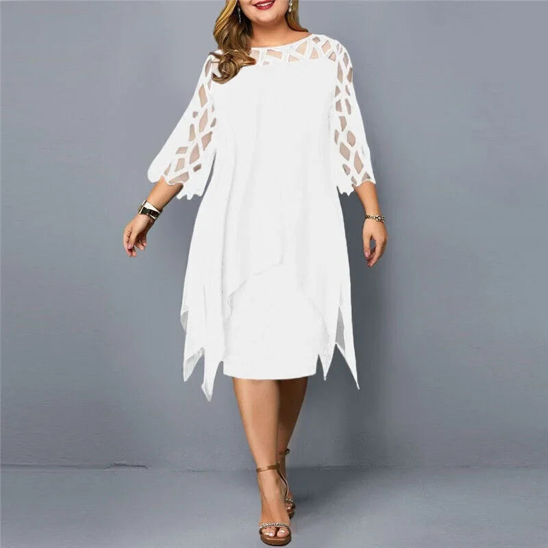 Soft, flowy plus size draped midi dress with modern geometric cut-out sleeves for women's fashion.