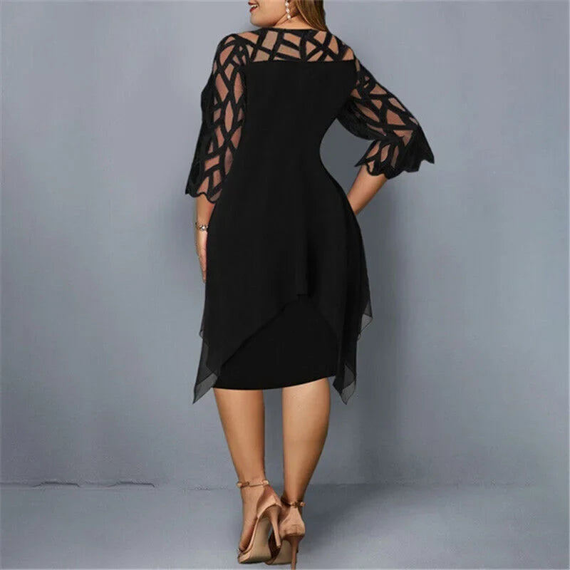 Trendy women's plus size fashion: a draped midi dress with unique geometric cut-out sleeve details.