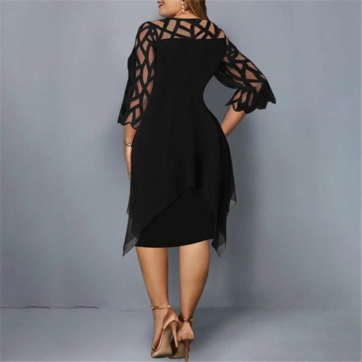 Trendy women's plus size fashion: a draped midi dress with unique geometric cut-out sleeve details.