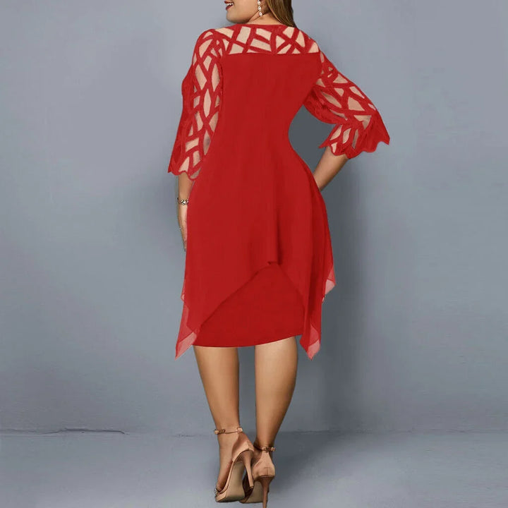 Women's plus size draped midi dress with geometric cut-out sleeves. Elegant & comfortable for daily wear.