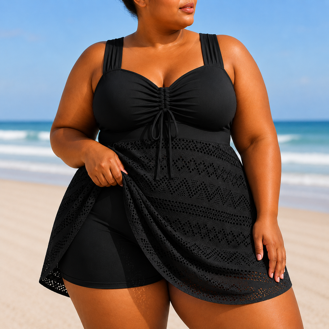 Women's plus size flowy beach swim dress, elegant full coverage swimwear for resort wear & vacations.