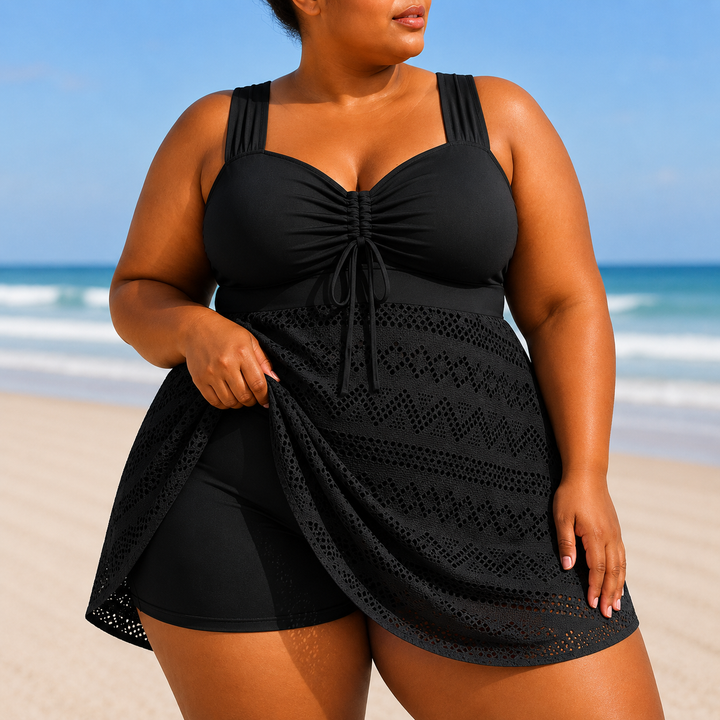 Women's plus size flowy beach swim dress, elegant full coverage swimwear for resort wear & vacations.