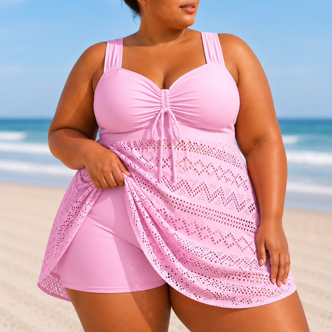 Elegant women's plus size beach swim dress. Flowy resort wear for vacation, full coverage swimwear.