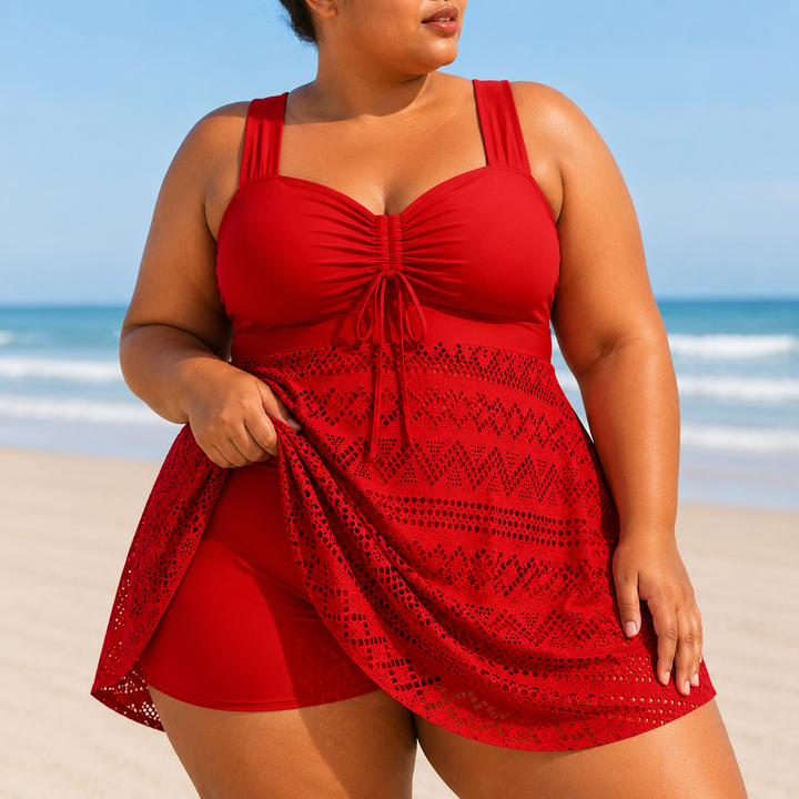 Plus size flowy swim dress for women, stylish beachwear & resort wear with comfortable full coverage.