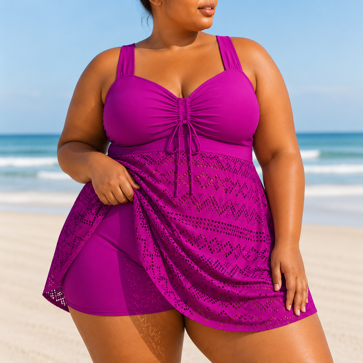 Comfortable plus size flowy beach swim dress, elegant resort wear & full coverage women's swimwear.