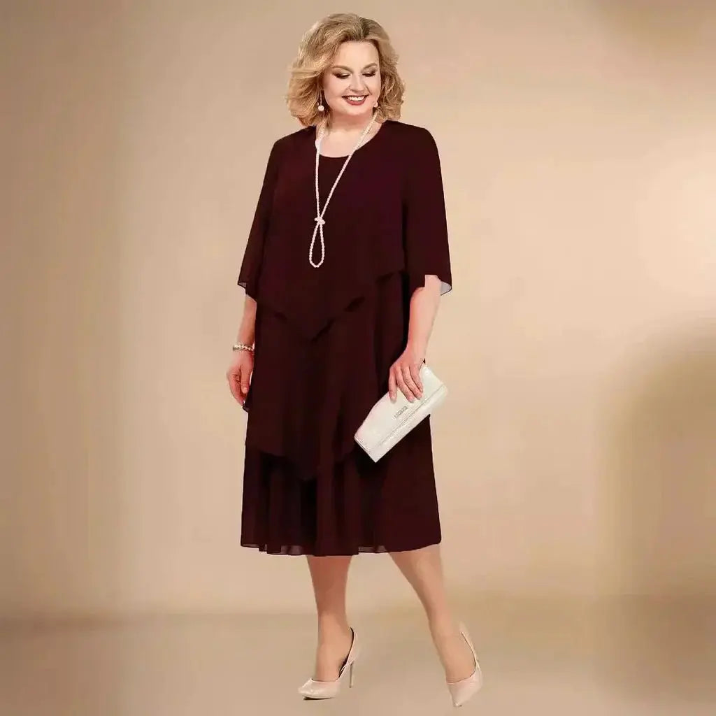 Comfortable plus size layered asymmetrical midi dress, an elegant choice for women's special occasion and evening wear.