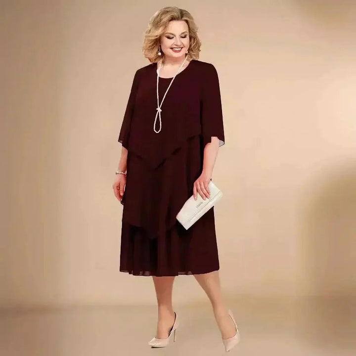Comfortable plus size layered asymmetrical midi dress, an elegant choice for women's special occasion and evening wear.
