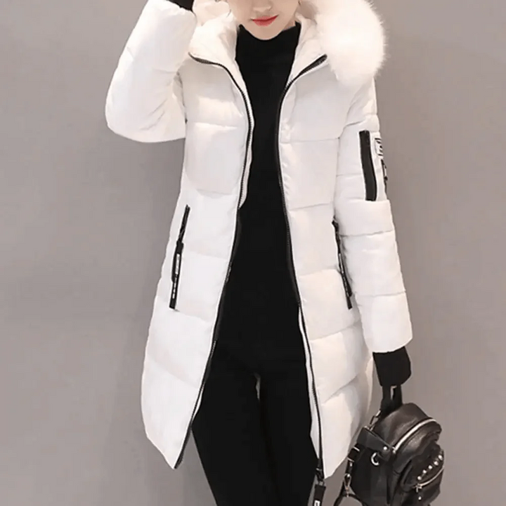Oversized plus size women's quilted puffer jacket with a luxurious faux fur hood, ideal for winter style.