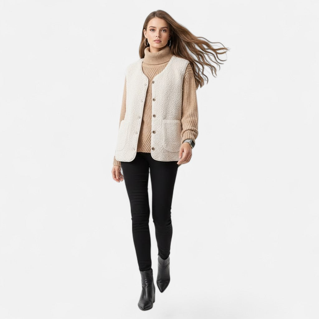 Cozy sleeveless cashmere-blend vest for women, ideal for winter fashion.