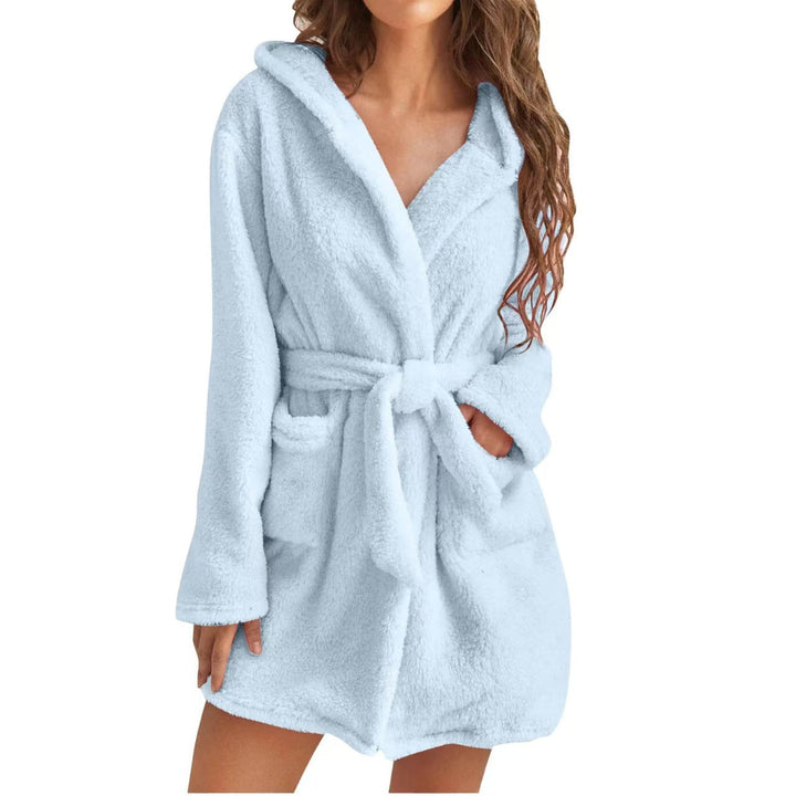 Women's hooded fleece robe, ideal for cozy evenings and sleepwear.