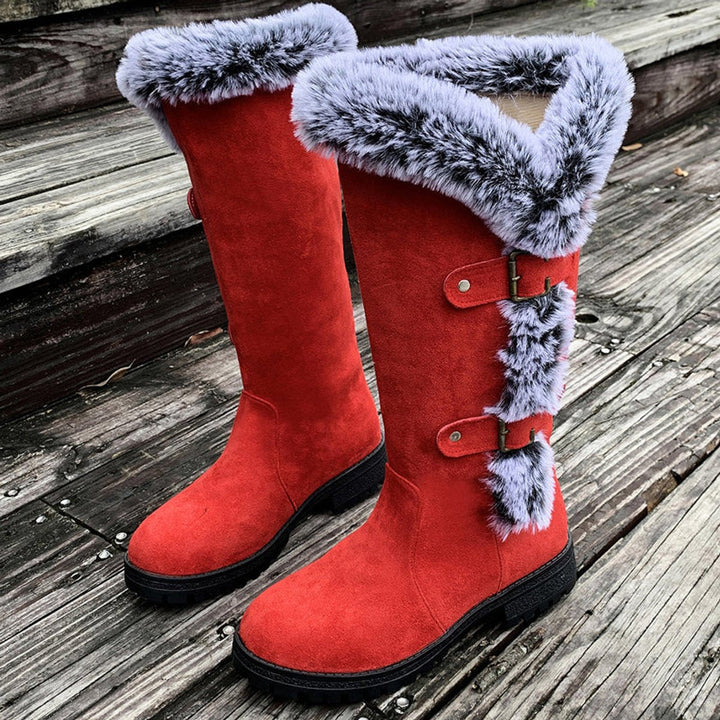 Women's plush-lined knee-high snow boots, warm and ready for winter, shown in a snowy landscape.