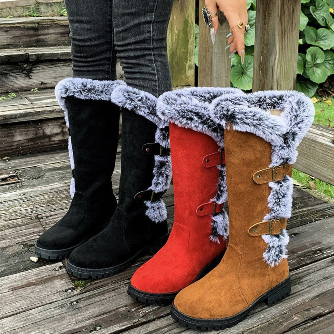 Chunky sole women's plush-lined knee-high winter boots, offering sturdy traction & warmth.