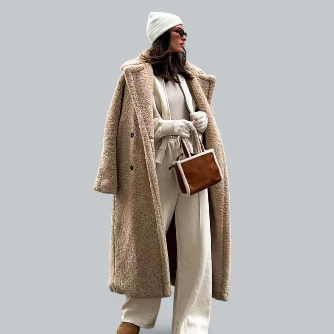 Women's plush teddy long coat in black, perfect for winter warmth & elegant style. Cozy outerwear for fashion.