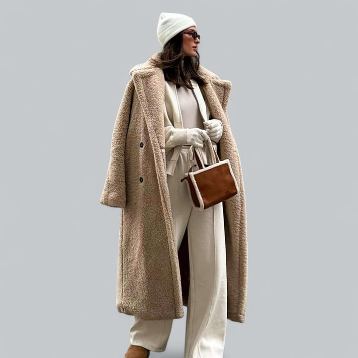 Women's plush teddy long coat in black, perfect for winter warmth & elegant style. Cozy outerwear for fashion.
