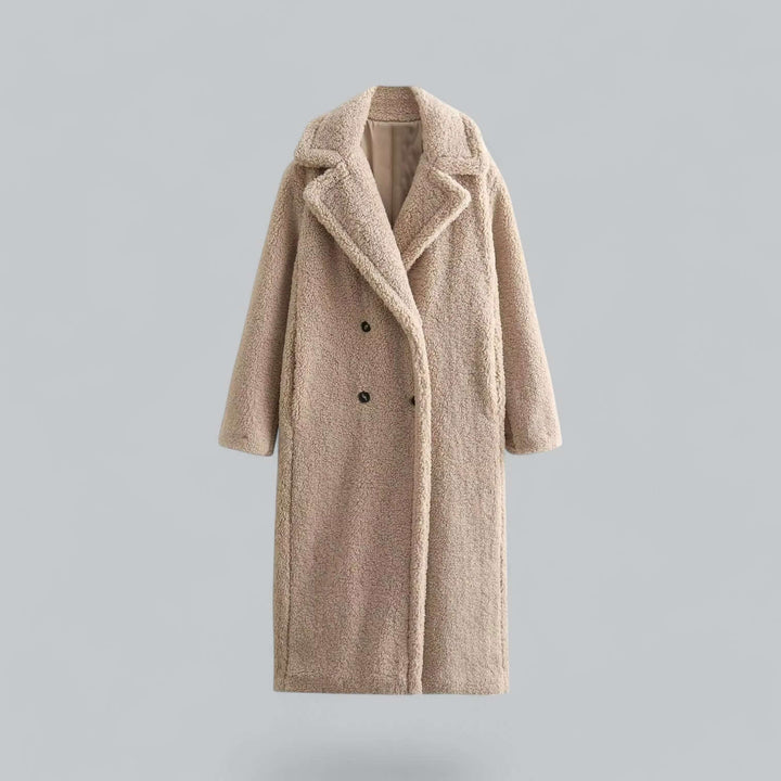 Warm women's plush teddy long coat in khaki, designed for ultimate winter coziness & stylish outerwear.