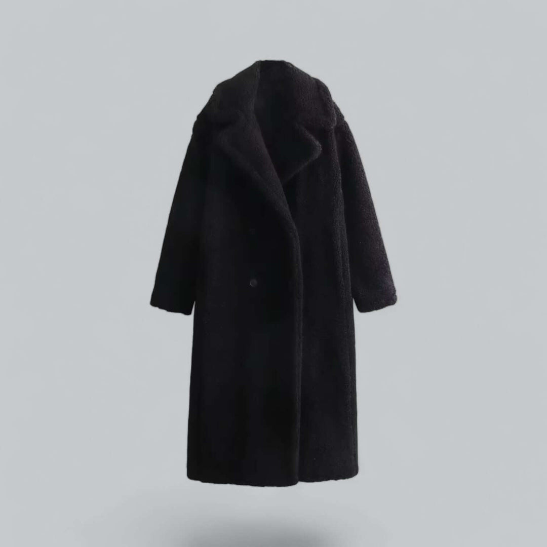 Elegant women's long plush teddy coat, black, for superior winter warmth & sophisticated outerwear style.