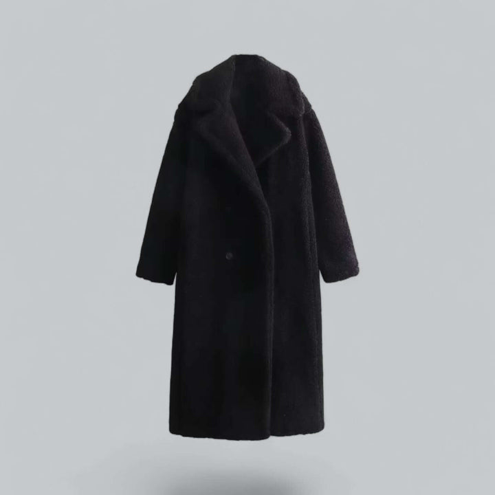 Elegant women's long plush teddy coat, black, for superior winter warmth & sophisticated outerwear style.