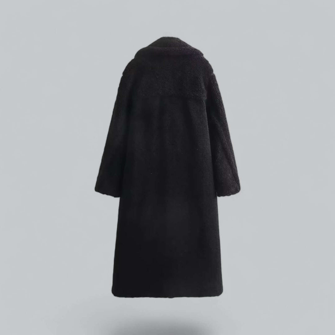 Fashionable women's plush teddy winter coat, long & warm, in khaki. Cozy outerwear for elegant style.