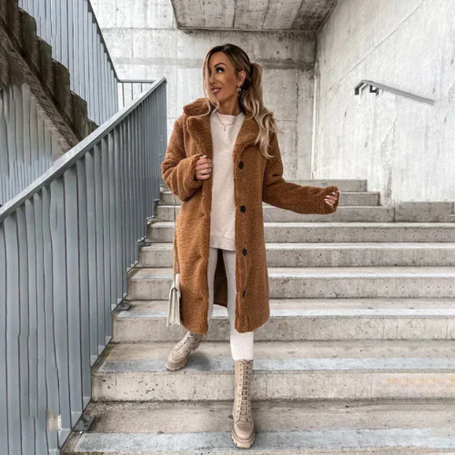 Cozily warm women's plush winter coat, button-front, notched collar, essential cold-weather wear.