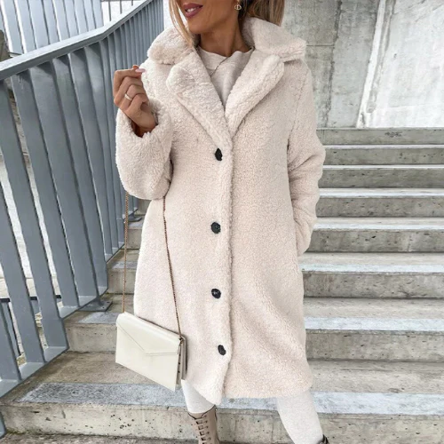 Warm women's plush button-front winter coat, cozy outerwear for cold weather fashion.